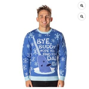 ELF the Movie Sweater Medium Blue Narwhal “Bye Buddy” Crewneck Acrylic Christmas